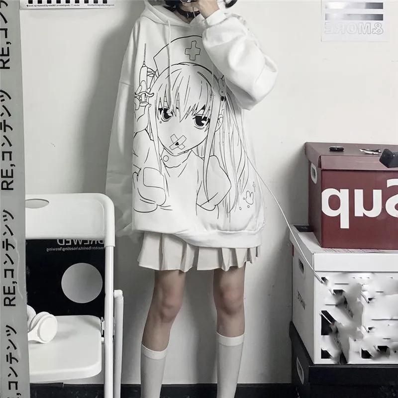 Women Hoodies Anime Sweatshirt White Hooded Oversized Tracksuit Autumn Winter Hooded Sport Shirts
