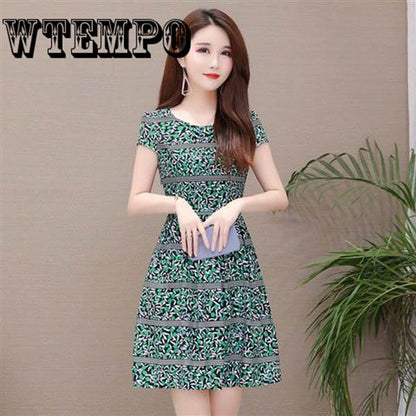 WTEMPO Brand Female Summer Long Section Short-sleeved Floral A-line Skirt Fashion Slim Dress