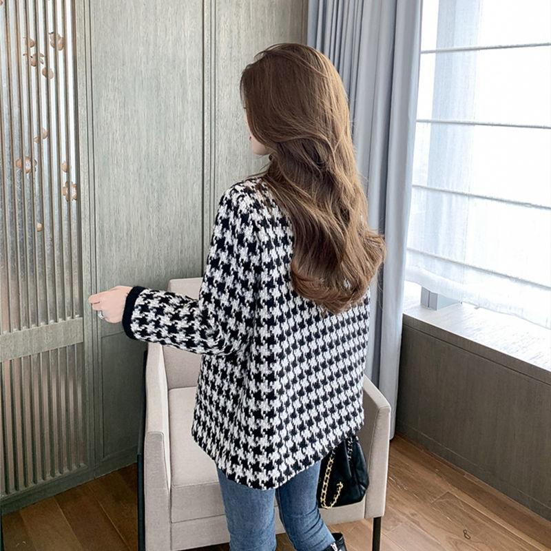 Women's Tweed Jacket Autumn and Winter Retro Houndstooth Woolen Top V-neck Jacket