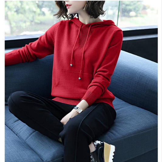 Autumn Winter Sweater Women Hooded Collar Pullover Solid Color Knitted Short Jacket Fashion Casual