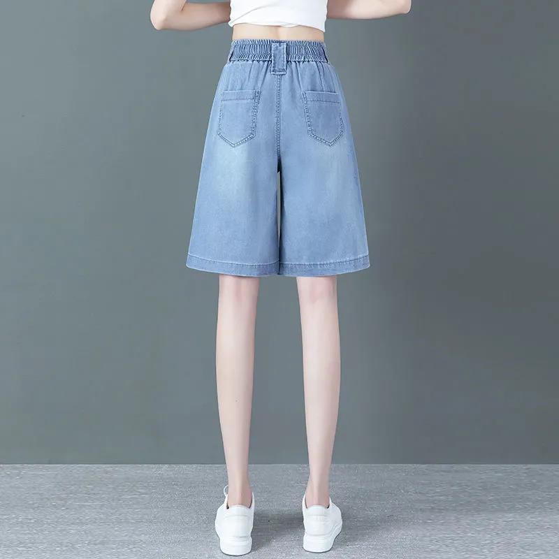 Tencel Thin Denim Shorts Women's Summer High Waist Loose Loose Thin Pants Wide-leg Ice Silk Five-point Pants