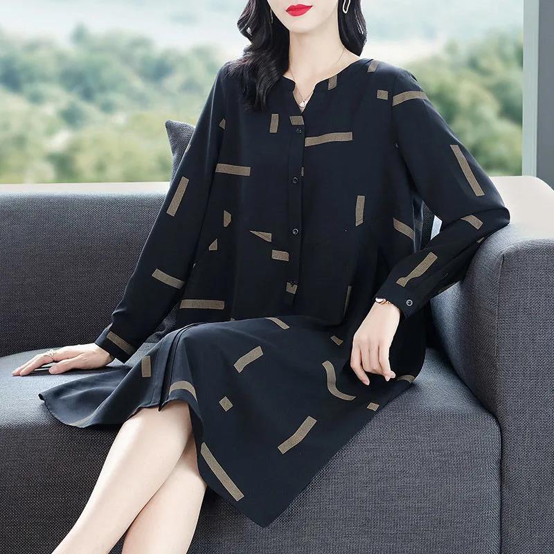 Temperament Loose Shirt Dress Was Thin Covering Belly Skirt Large Size Women's A-line Mid-length Dress Fabric Soft and Sweat-absorbent