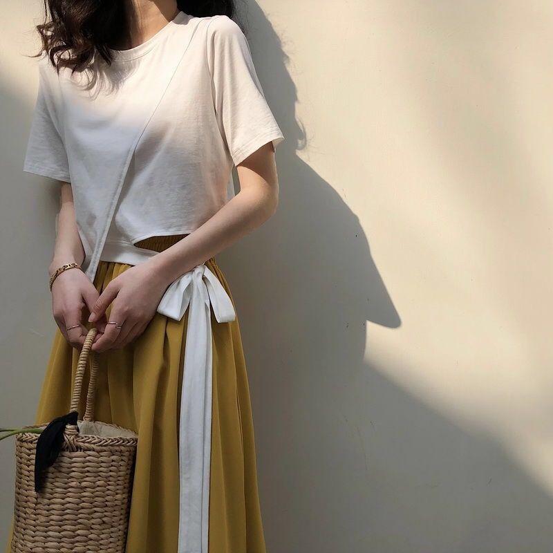 Irregular Bow Bandage Summer Women's Fashion Tops Short Sleeve Solid Color Casual Loose T-shirt