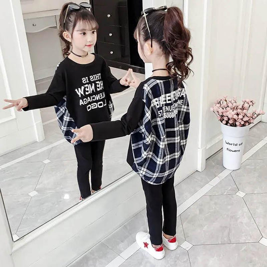 Cotton Girls Round Neck Pullover Letter Plaid Print Sweater Suit Spring and Autumn Children's Casual Two-piece Set