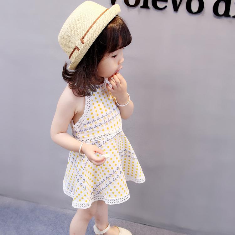 Girls' Summer Korean Style Dot Bohemian Dress Round Neck Sleeveless Dress Lace Cute Baby A-line Skirt