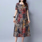 Round Neck Plus Size Loose Print Dress Short Sleeve Plus Size Women's Long Ethnic Style Long Sleeve Dress Loose Casualb