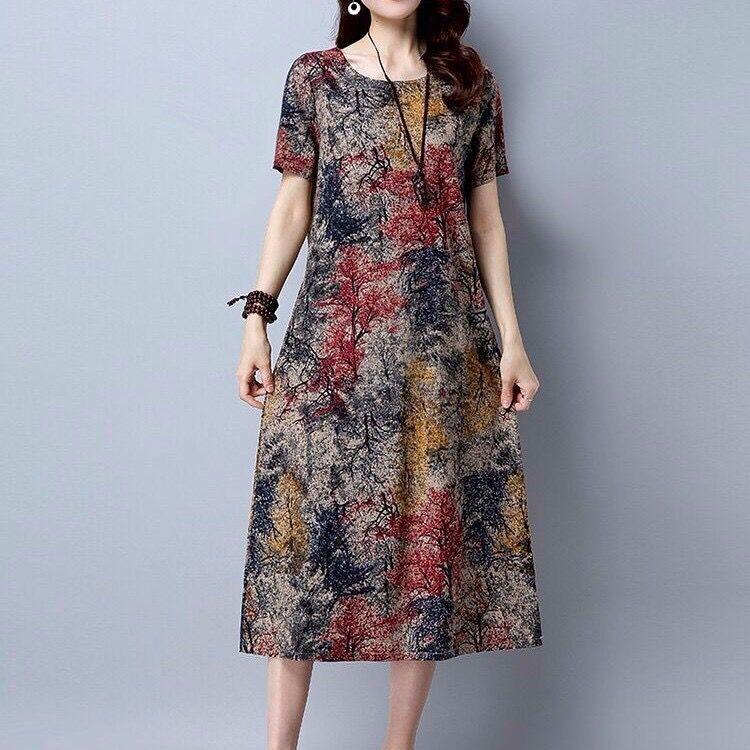 Round Neck Plus Size Loose Print Dress Short Sleeve Plus Size Women's Long Ethnic Style Long Sleeve Dress Loose Casualb