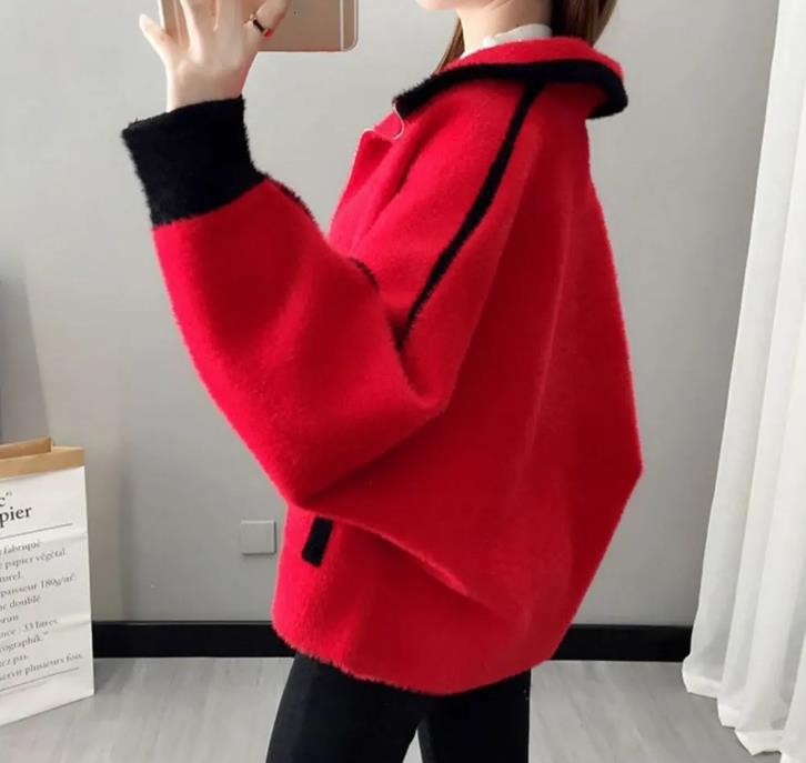 Mink Fleece Knitted Cardigan Women's Autumn and Winter Long-sleeved Loose Sweater Short College Style Jacket