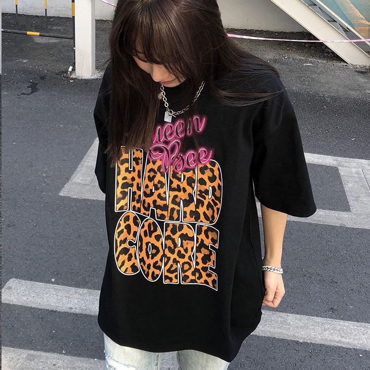 Women's Summer Round Collar Leopard Short Sleeve Couple T-Shirt Loose Bottomed Top Half Sleeve Streetwear T-shirt