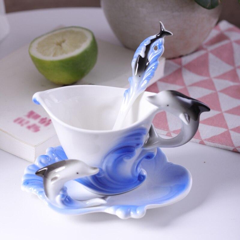 Ceramic Enamel Color Coffee Cup with Saucer and Spoon Sets Dolphin Teacup Milk Mug Gift Drinkware