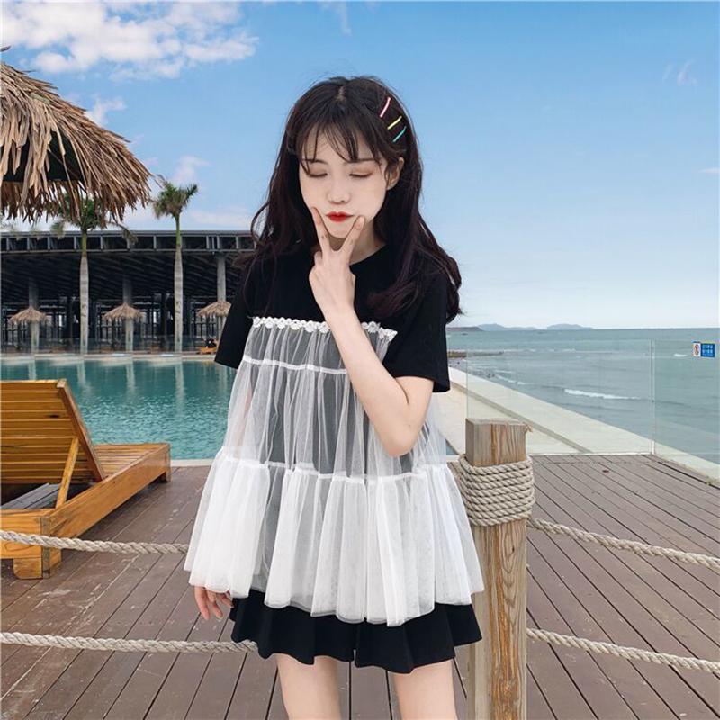 Short-sleeved Female Student Korean Loose T-shirt Summer Sweet Stitching Mesh T-shirt Round Neck Girlfriends Outfit