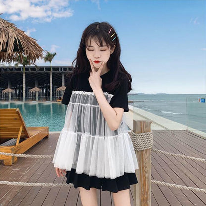 Short-sleeved Female Student Korean Loose T-shirt Summer Sweet Stitching Mesh T-shirt Round Neck Girlfriends Outfit