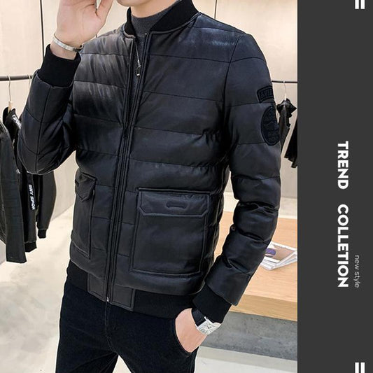 Winter Leather Coat Men's Jacket Korean Style Trend Stand-up Collar Leather Coat Loose Large Size Cotton Coat