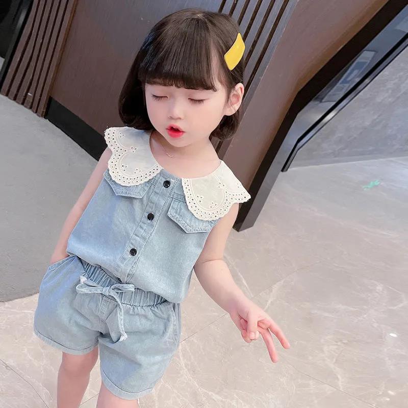 2PCS Children Clothing Set Spring Summer Girls Suits Solid Color Sleeveless Tops + Pants Clothing Set