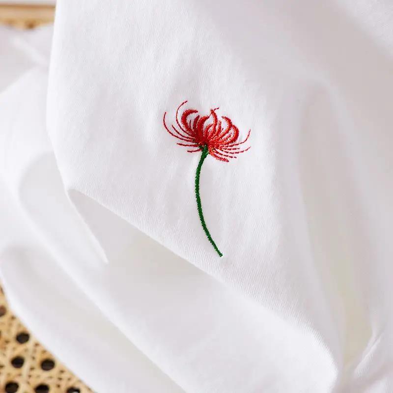 Solid Color Flower Pattern Embroidery Women T Shirt Cotton Tee Lady Girl Top Hipster T-Shirts