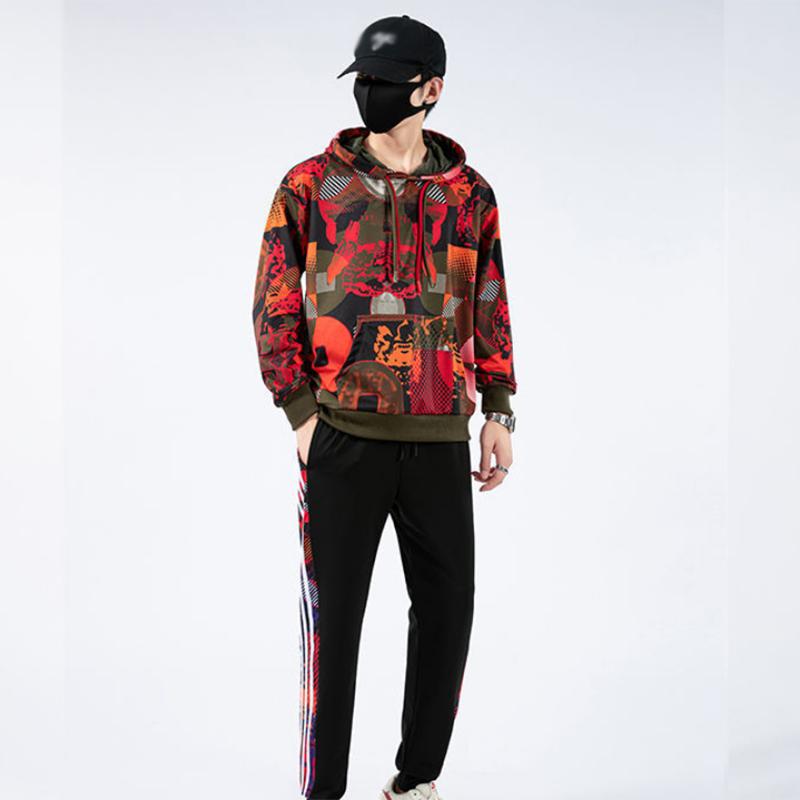 Spring Sweater Suit A Complete Set of Double Hat Rope Black and Red Sports Suit Purple Stitching Pattern Casual Suit Men