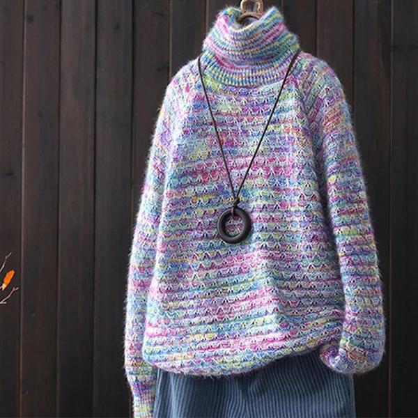 Women's Colorful Large Size High Collar Sweaters Autumn and Winter Loose Long Sleeve Bottomed Knitted Pullover