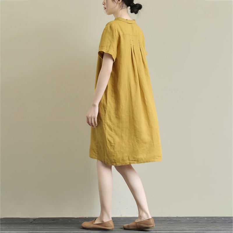 Breathable Linen Fabric Women Dress Loose Turn-down Collar Casual Loose Big Pocket Short Sleeve Buttons Dress