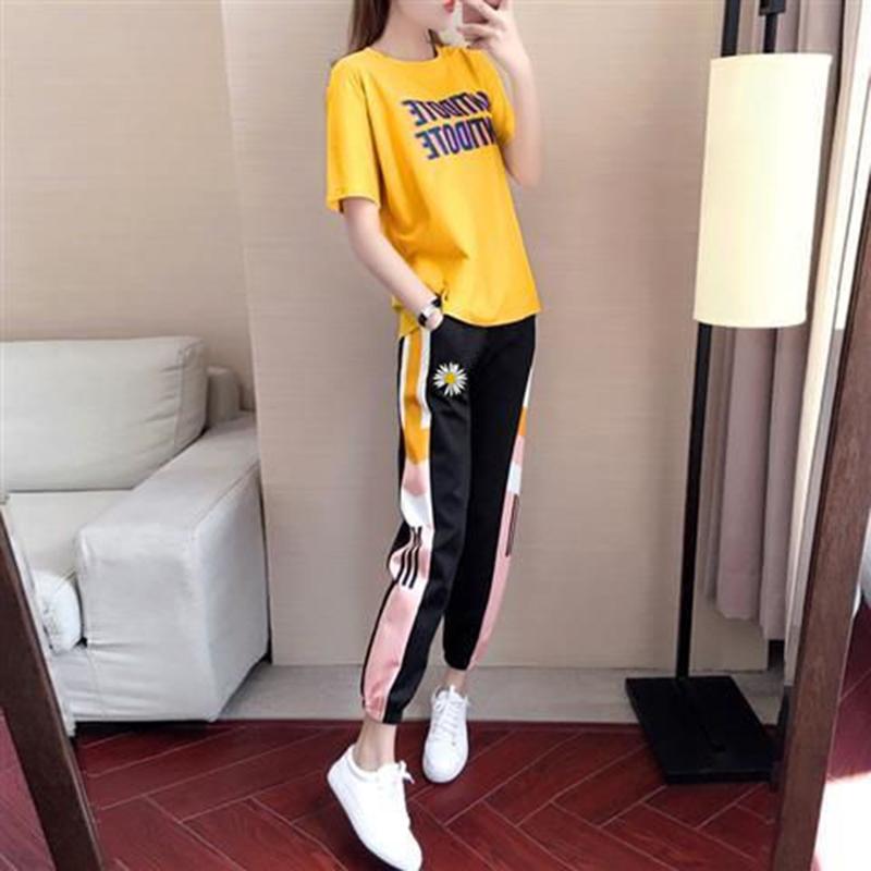 Sports and Leisure Women's Spring and Summer Small Daisy Loose Pants Short-sleeved Two-piece Cute Sports Suit Beautiful and Comfortable