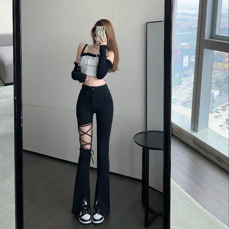 Hong Kong Flavor Hollow Strap Micropaped Fork Is Thin Black Jeans Female Mopping Pants Tide