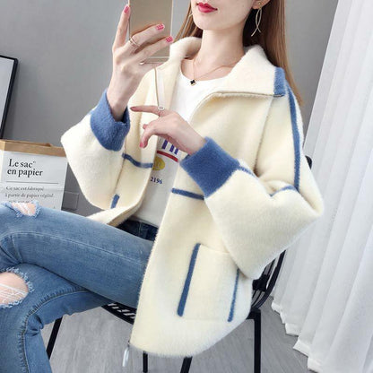 Mink Fleece Knitted Cardigan Women's Autumn and Winter Long-sleeved Loose Sweater Short College Style Jacket