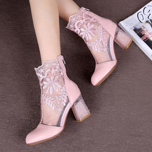 Spring  Summer Women's Boots  Leather High-heeled Mesh Short Boots Thick with All-match Pointed Toe Single Boots  Lace Hollow Pink Mesh Boots