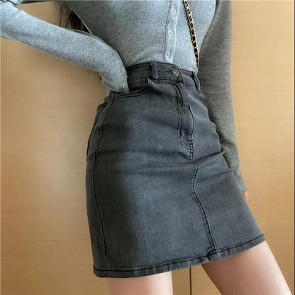 Skirt Women's Spring High Waist A-line Denim Skirt Retro Student Bag Hip Skirt Short Skirt