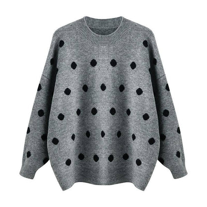 Pofulove Autumn Winter Retro Dot Student Classic Loose Long Sleeve Round Neck Pullover Sweater Women