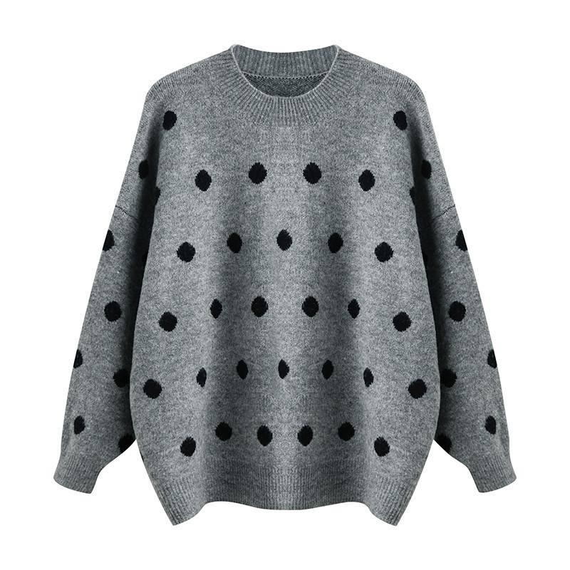 Autumn Winter Retro Dot Student Loose Long Sleeve Round Neck Pullover Classic Sweater Women