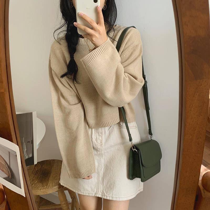 Pofulove Autumn Winter Wild Long-sleeved Pullover Sweater Female Students Short Loose Base Coat