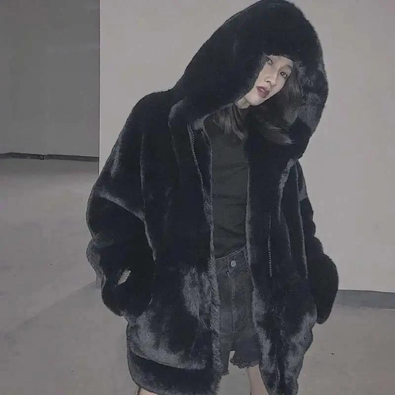 Winter Women's Mink Faux Fur Hooded Coat Thick Warm Faux Fur Coat Loose Large Size Mink Fur Plush Coat