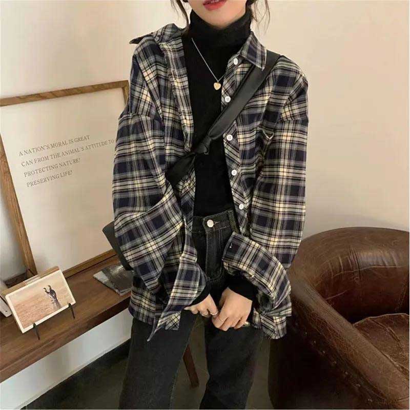 Layered Plaid Shirt Women's Spring and Autumn Retro Loose and Lazy Style Shirt Coat