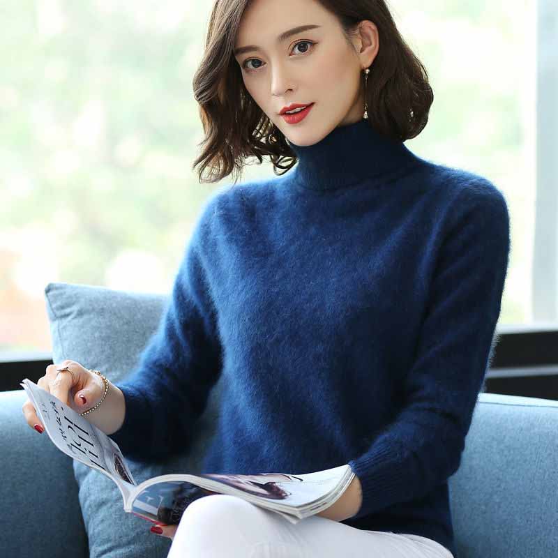 Women's Turtleneck  Mink Sweater Thick Warm Slim Pullover Sweater 100% Real Mink Hair Fuzzy Sweater