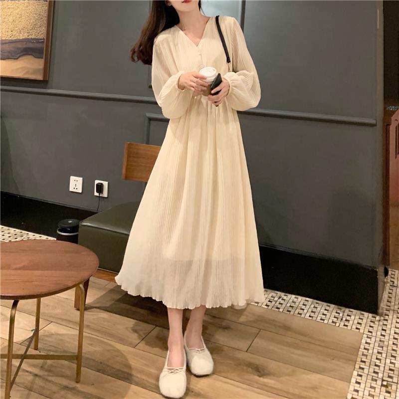 Spring Summer Women's Knee-length Dress French Gentle Wind V-neck Chiffon Solid Color Long-sleeved Dress