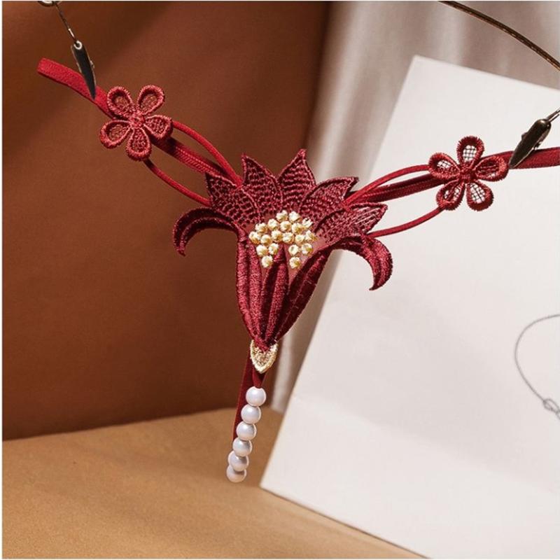 Sexy Women's Panties Hollow Pearl Massage Low Waist Elastic Temptation A Rope Flower Thong