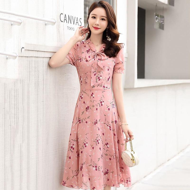 Sweet Chiffon Small Floral Bow Tie Dress Fairy Summer French Niche Short-sleeved Printed Slim Skirt Light and Breathable Mid-length Dress