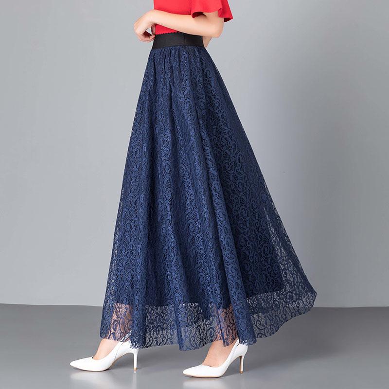 Large Size All-match A-line Long Skirt Women's Spring and Autumn Lace Elastic High Waist Mid-length Skirt