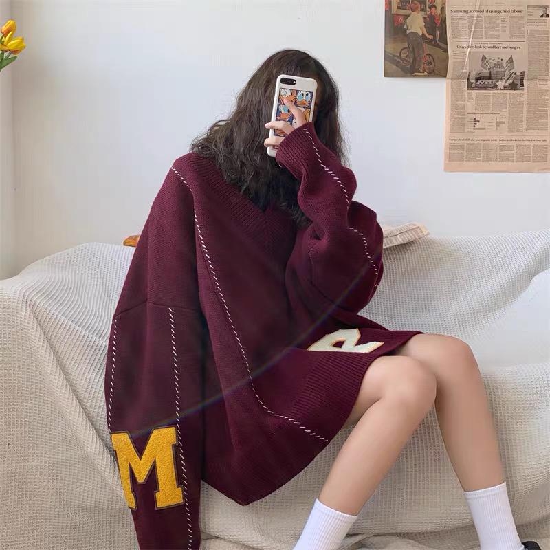 Pofulove Autumn Winter V-neck Pullover Sweater Schoolgirl Loose Base Warm Sweater Coat Apricot