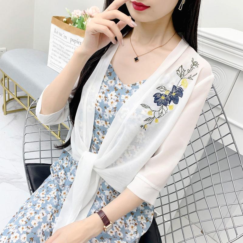 Flower Pattern Embroidery Women's Short Sun Protection Clothing Summer Chiffon Shawl Cardigan Thin