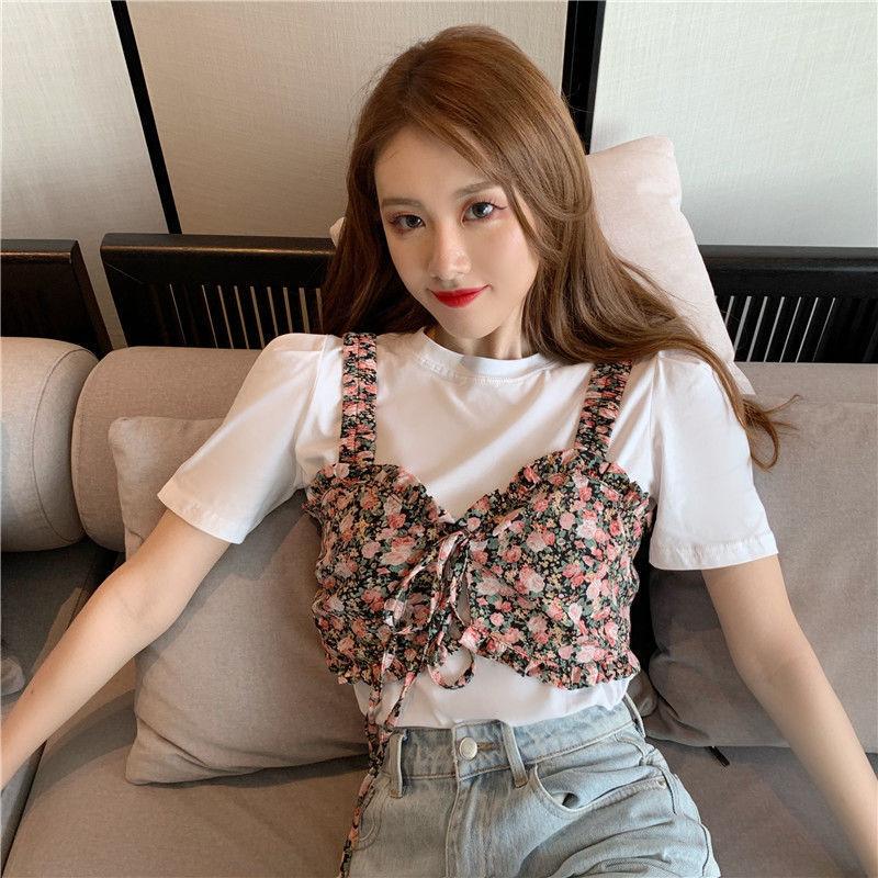 Summer Korean Version  The White Simple Short-sleeved T-shirt Plus Sweet Floral Sling Two-piece Jacket Women