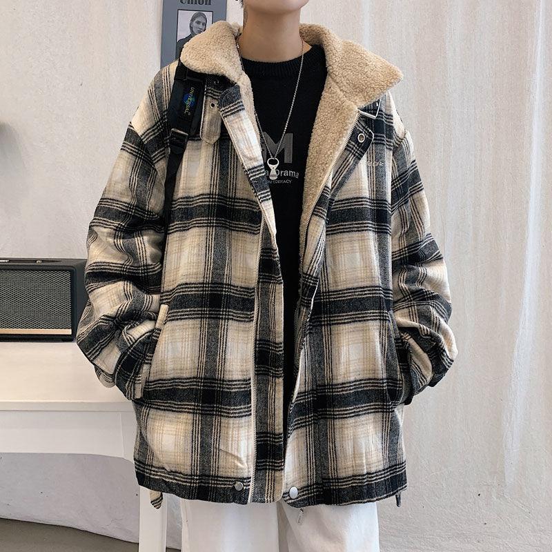 Plus Velvet Plaid Cotton Clothing Men's Thickened Thermal Coat Loose Cotton Coat Men's Jacket Loose Stand Collar Long-sleeved Coat