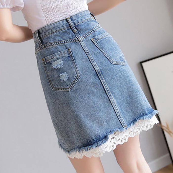Women's Denim Skirt Lace Edge Tight Solid Color High Waist Sexy Show Leg Length