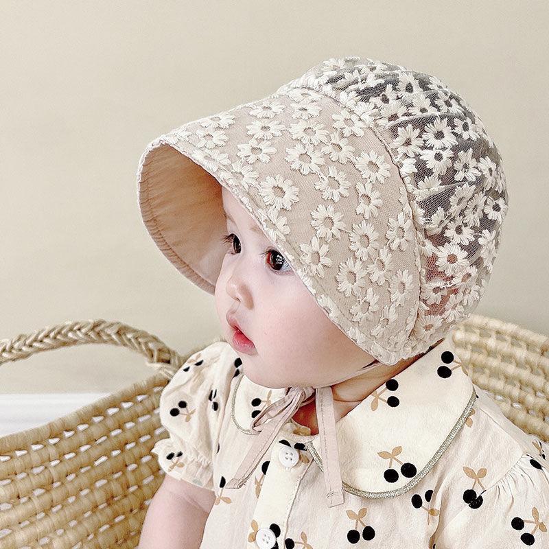 Summer Baby Hollow Out Flower Lace Sun Hat Spring and Autumn Breathable Sun Protective Hat Infant Baby Princess Hat Newborn Sun Hat 1-12M