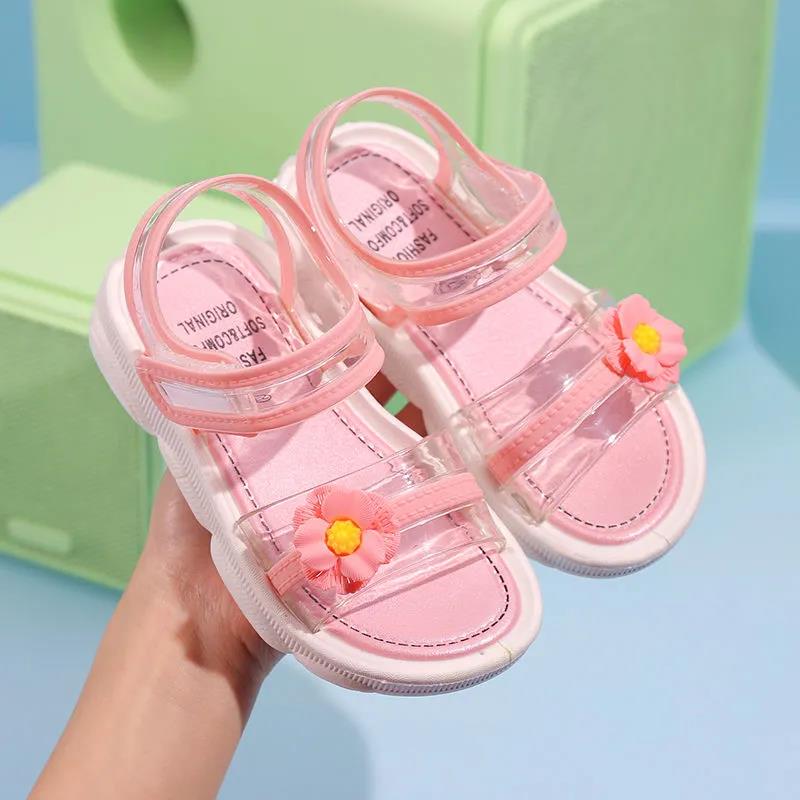 Girl's Flower Velcro Soft Soled Single Breathable Cool Shoes Girls' Non Slip Hollow Out Light Princess Shoes