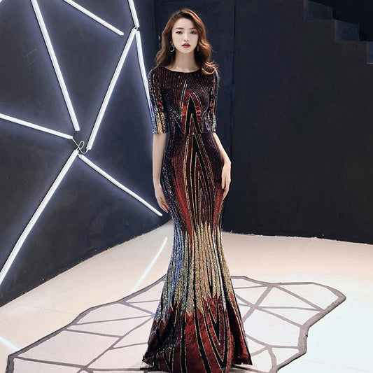 High-end Evening Dress Banquet Noble Elegant Sequins Temperament Sexy Slim Long Fishtail Dress Women
