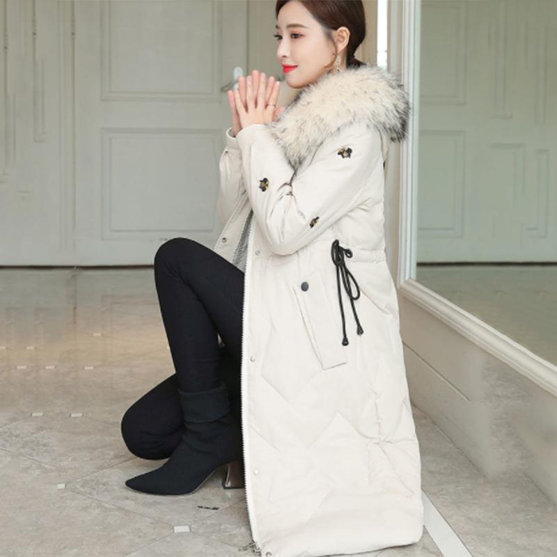 Women's Solid Color Embroidered Down Jacket Mid-length Korean Style Loose Thick Coat Warm Cotton Coat Large Fur Collar Winter Quilted Jacket