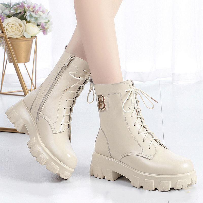 Girls Winter Snow Boots Knight Leather White Martin Boots Thick-soled Mid-tube Boots Short Boots Large Size Flat-bottomed Cotton Boots