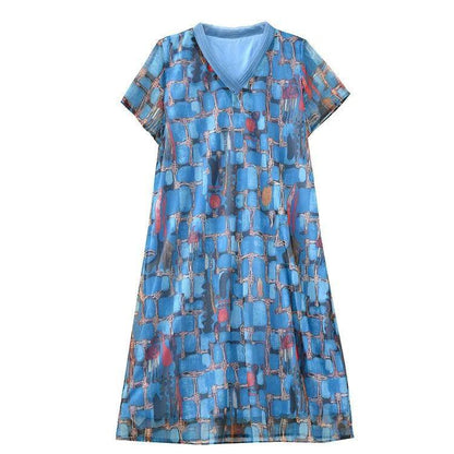 Summer Loose Mid-length Knitted Net Yarn Large Size Slimming Printed Fashion Dress Women