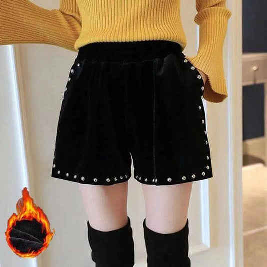 Gold Velvet Short Pants Women's Autumn and Winter Outer Wear Pants High Waist Wide Leg A-line Loose Pearl Woolen Pants