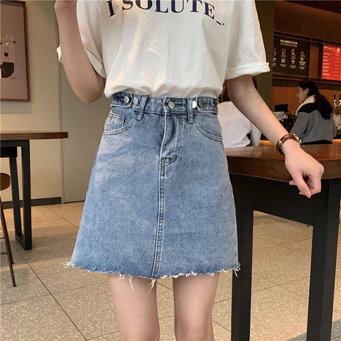 Pofulove Women Summer High Waist Irregular Denim Hip Skirt Student Anti-light Thin Mini A-line Skirt